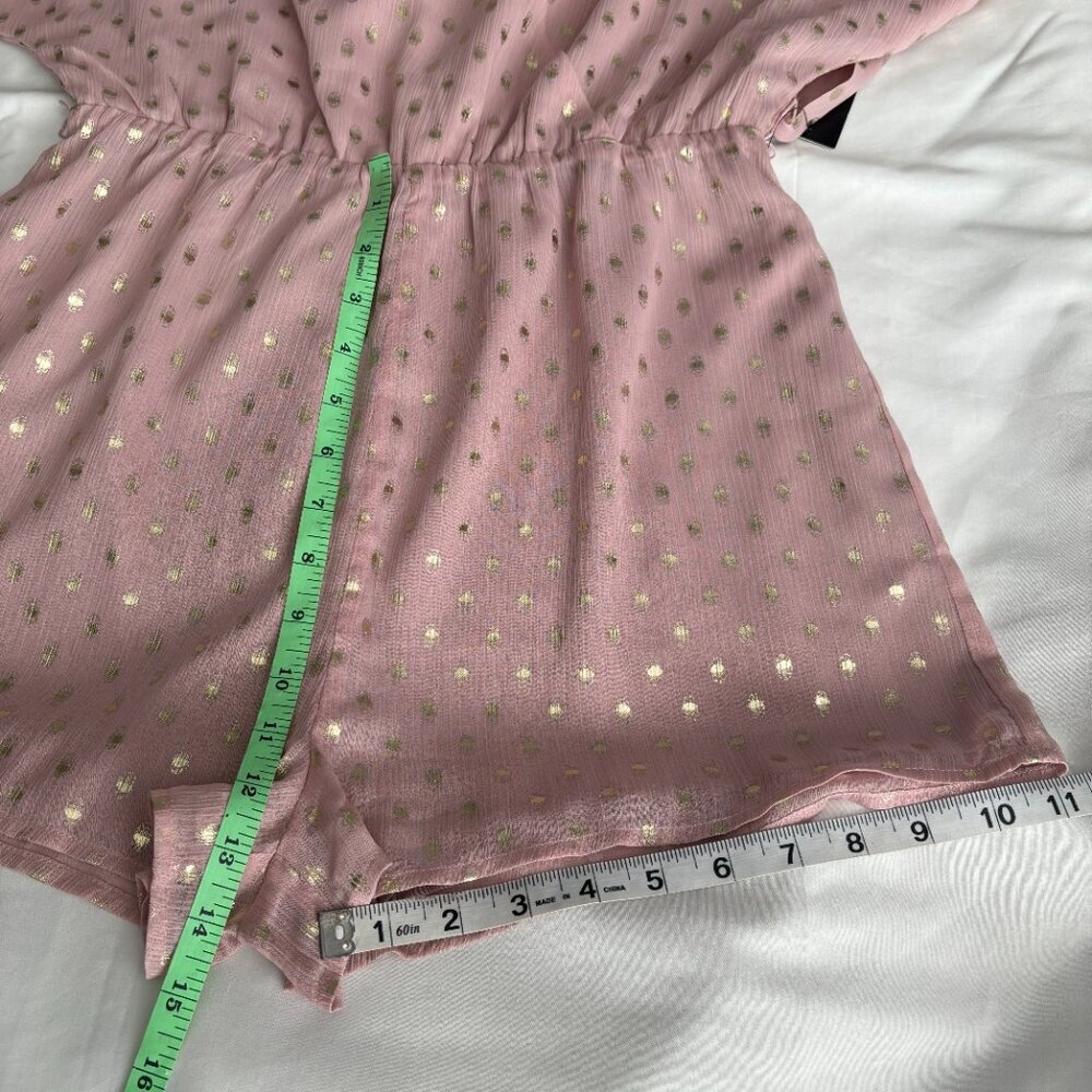 Lulus Womens S Pink Gold Metallic Polka Dot‎ Wrap Romper Kimono Sleeve Tie Waist - Picture 5 of 6